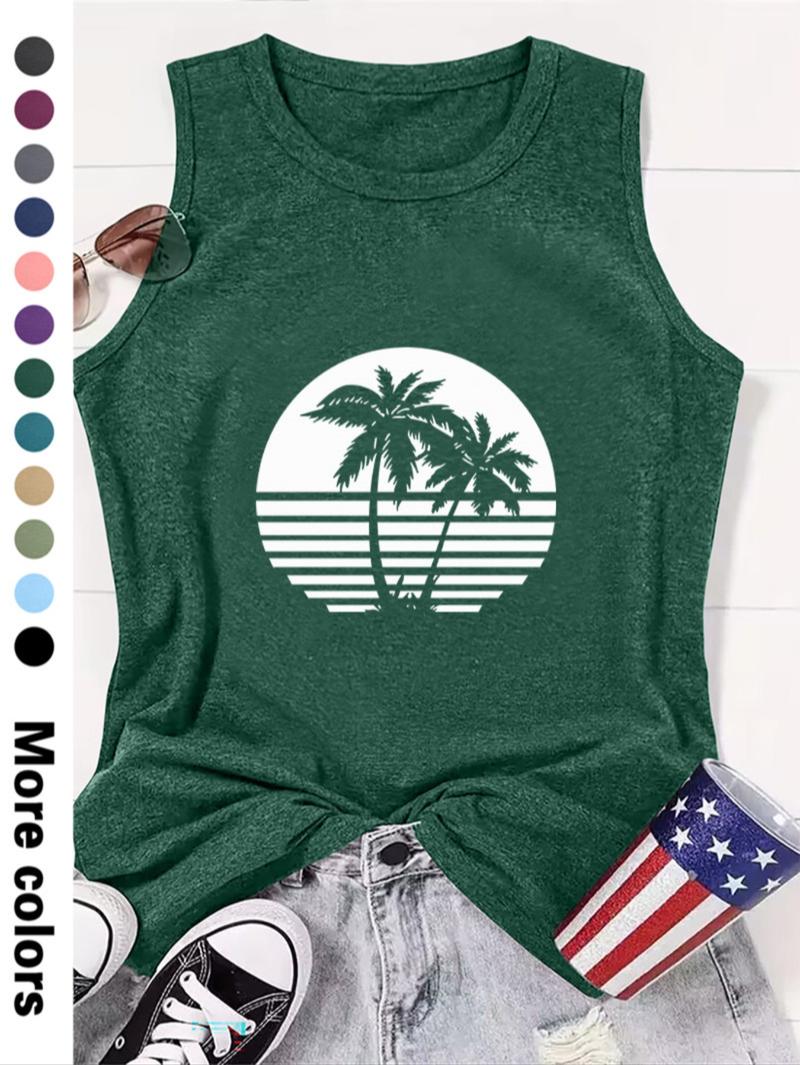 Women's Coconut Tree Print Round Neck Tank Top, Lounge Tank Top, Graphic Top, Casual Sleeveless Top for Beach Vacation Holiday, Ladies Clothes for All Seasons