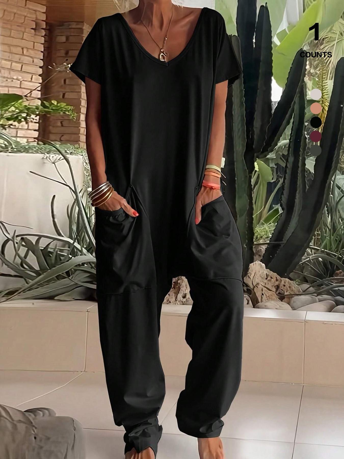 Women's Summer V-Neck Oversized Minimalist Jumpsuit, Sexy Backless Loose Fit Harem Pants, Casual Streetwear for All Seasons Womenswear