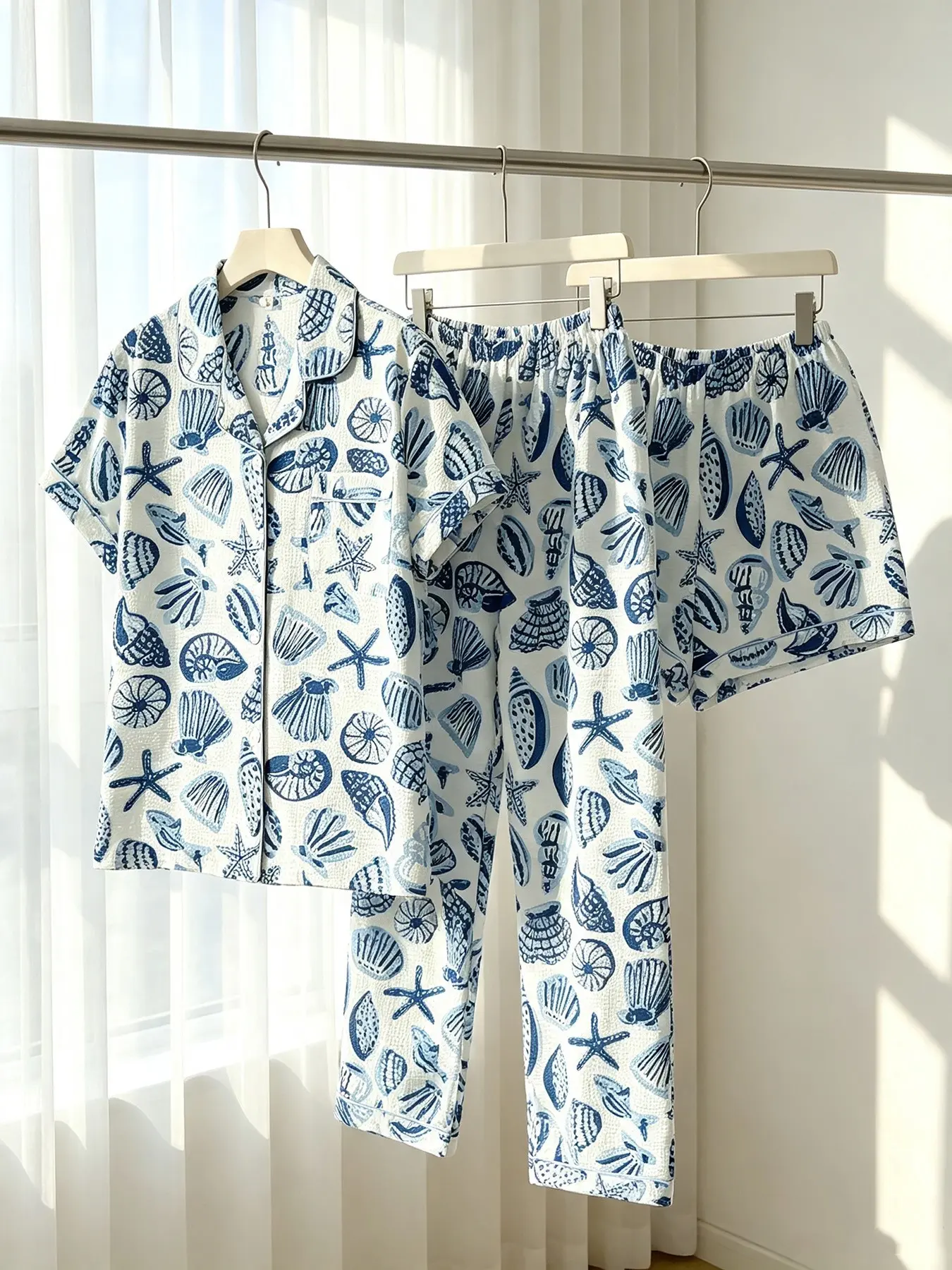 Women's 3-Piece Button-Down Pajama Set, White Blue Seashell Print, Classic Collar, All Season Wear, Breathable, Photogenic Coastal Aesthetic Loungewear for Gatherings