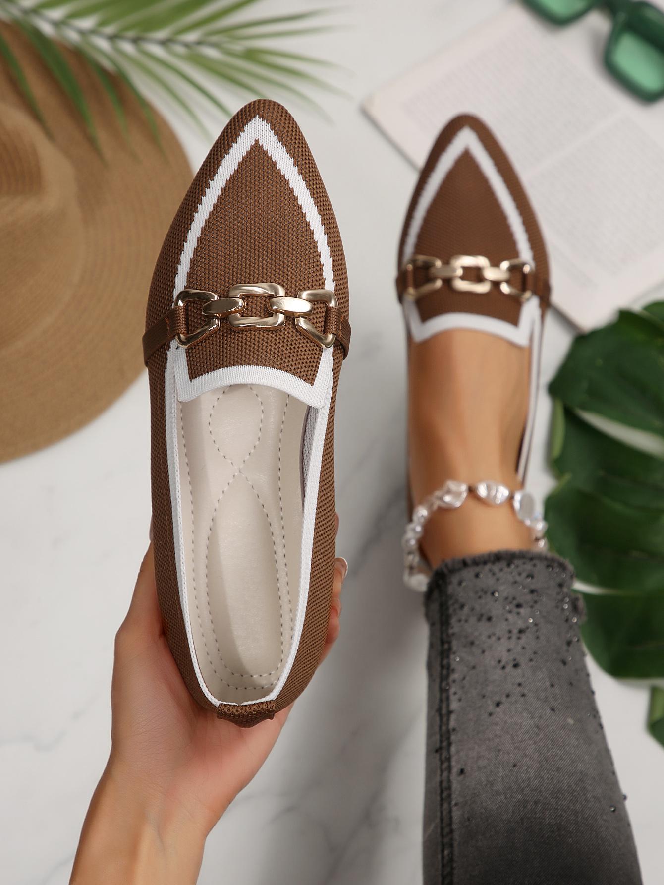 1 Pair Women's  Colorblock Knit Pointed Toe Metal Buckle Flat Loafers, Minimalist Commute Style Breathable Slip-On Shoes, Versatile Elegant Comfortable Professional Footwear for Office Work