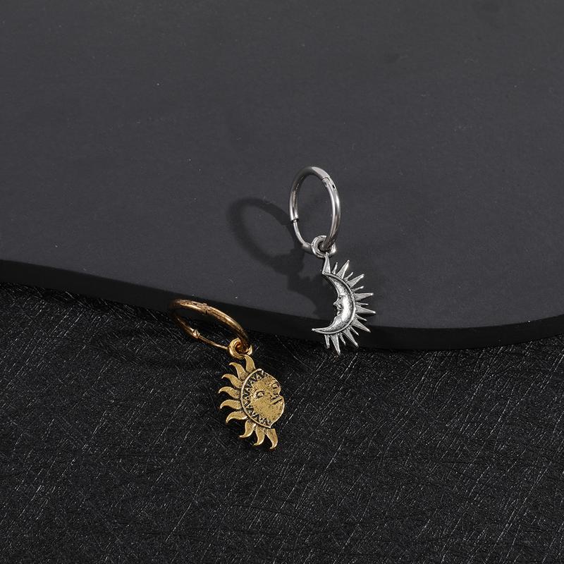 GTHIC Sun and Moon Asymmetrical Creative Design Simple Vintage Couple Hoop Earrings Daily Versatile Jewelry