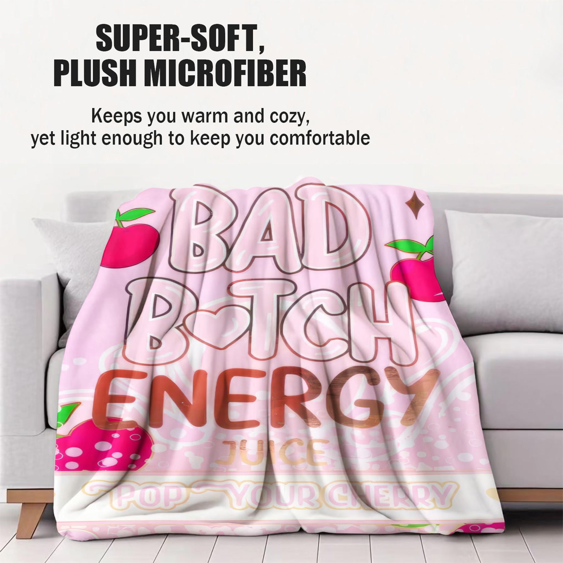 Bad Bitch Energy Flannel Blanket, Y2K Coquette Funny Slogan Cherry Popsicle Throw Blanket, Ultra Soft Warm Blanket for Teen Girls Women, Cute Girly Aesthetic Gift Blanket, Cozy for Couch Bed Sofa Bedroom Dorm