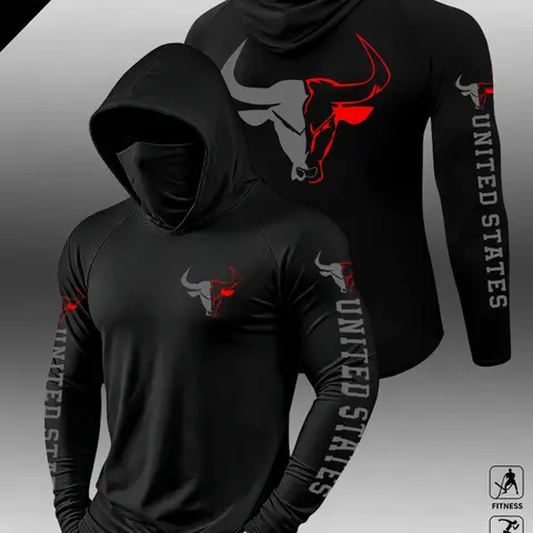 Men's Bestselling Hooded Quick-Dry Breathable Casual Sports Long Sleeve, Multiple Bull Print Styles, Various Colors Available