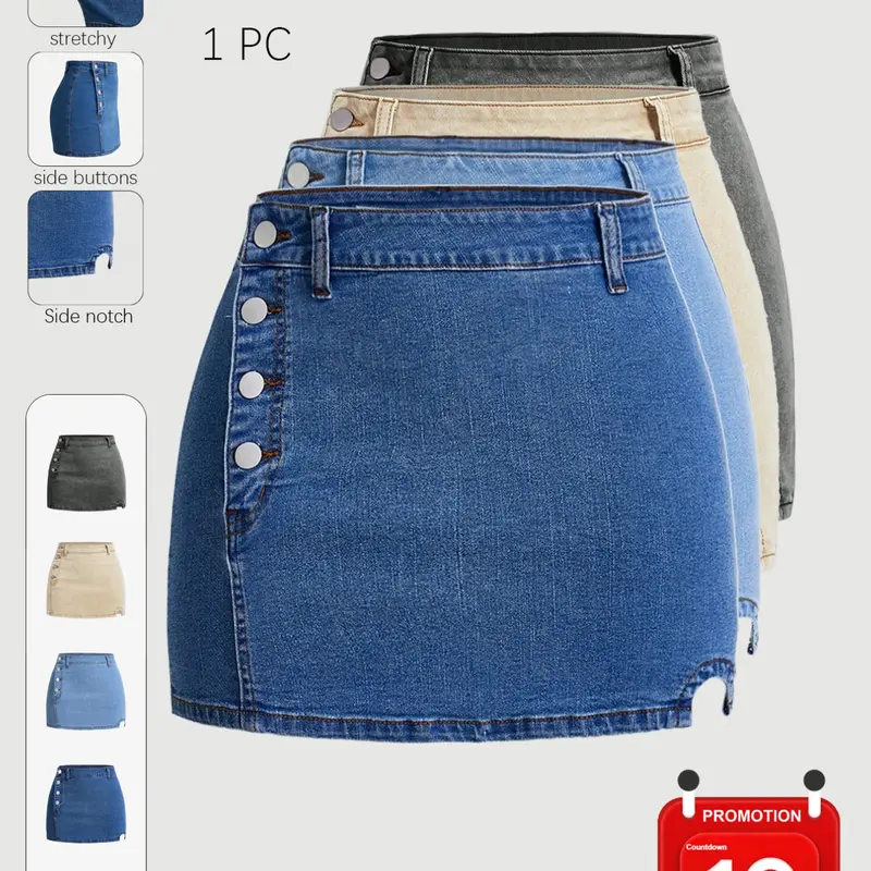 Women's, Slim-Fitting High-Waist Short Skirt, Basic Casual A-line Skirt, Button Closure Design, Plain Pattern, Summer Fashion, Casual Denim Skirt