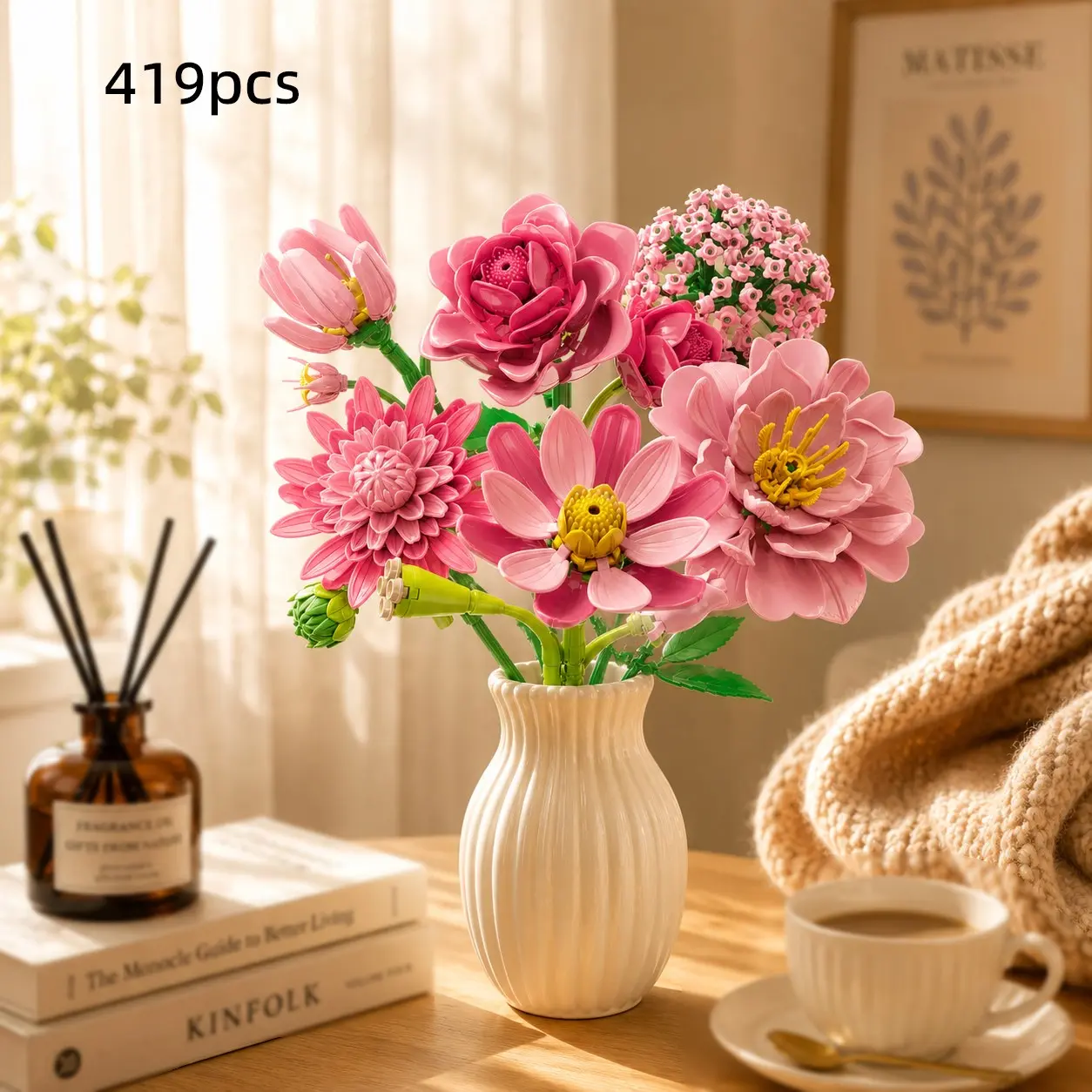 Pink Flower Bouquet Building Blocks Set, DIY Botanical Artificial Flowers Building Kit, Rose Lotus Floral Arrangement, Forever Flowers Home Decor, Gift for Women Adults