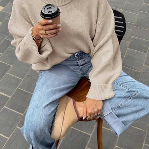 Women's Loose Fit Round Neck Knit Sweater, Long Sleeve Pure Color Ribbed Top, Thick Soft Knitting, Fall Winter Streetwear, Minimalist Style, Knitwear For Fall