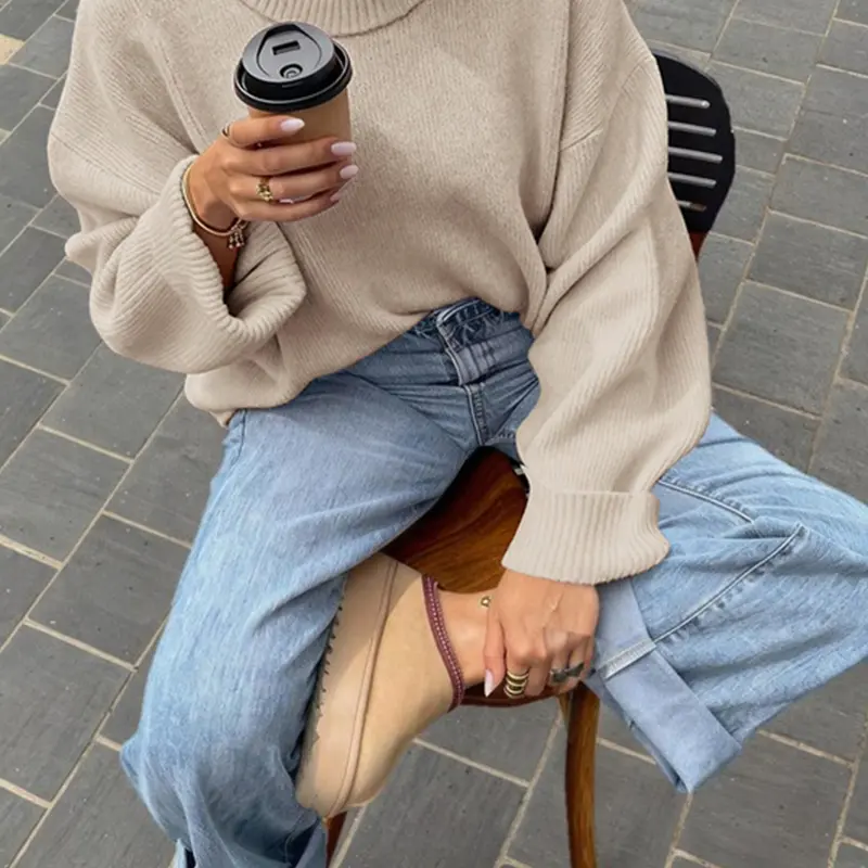 Women's Loose Fit Round Neck Knit Sweater, Long Sleeve Pure Color Ribbed Top, Thick Soft Knitting, Fall Winter Streetwear, Minimalist Style, Knitwear For Fall
