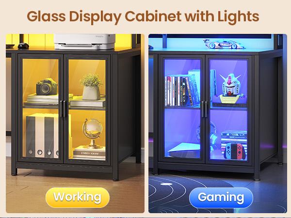 Sedeta Modern L-Shaped Adjustable Corner Gaming Desk - 109” Office Furniture with 4 Drawers, Display Cabinet, 2 Monitor Mounts, CPU Stand, LED Lights, Power Outlet, Adjustable Height for Home Office Man Cave Room Decor, Monitor Mount