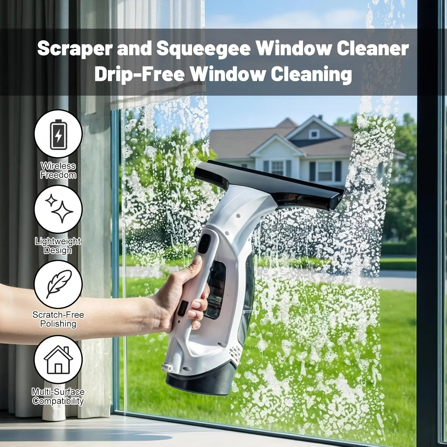 Cordless Window Vacuum Scraper, 2000Pa Electric Window Cleaning Tool with Microfiber Cloth & 5.07oz Water Tank, Suitable for Glass, Tiles, Doors, Windows, Mirrors, Cars