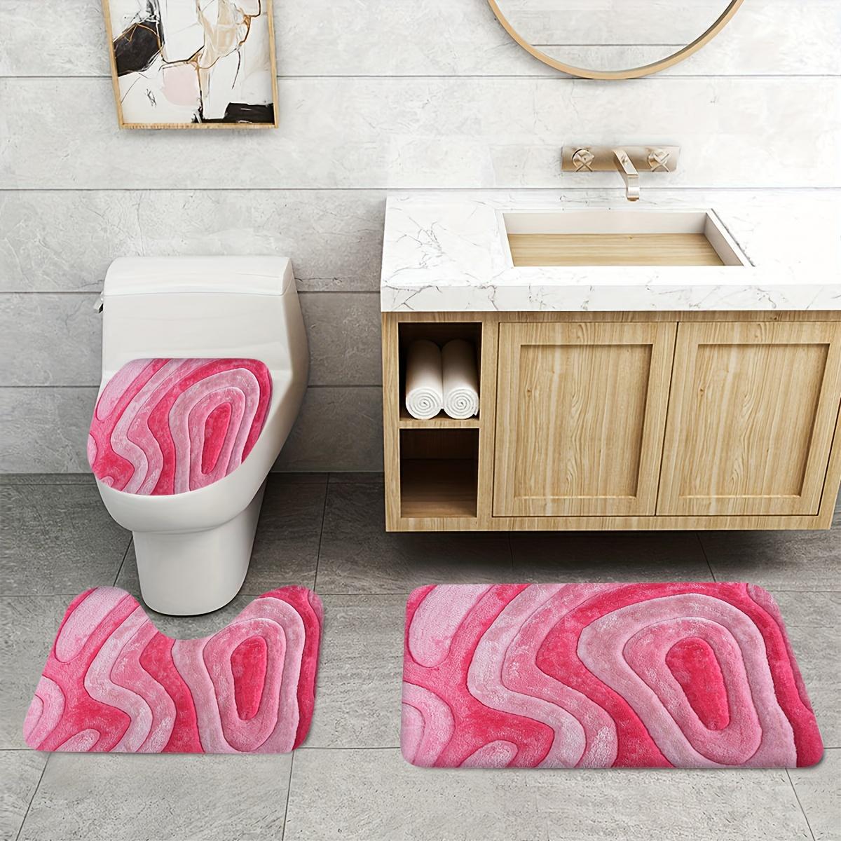 2D Flat, 3pcs Bathroom Mat Set in Soft-Toned Abstract Pink Ripple Print, Includes Toilet Lid Cover and U-Shaped Toilet Mat, Made of Flannel with Soft Surface, Thanksgiving Decoration, 2D Flat