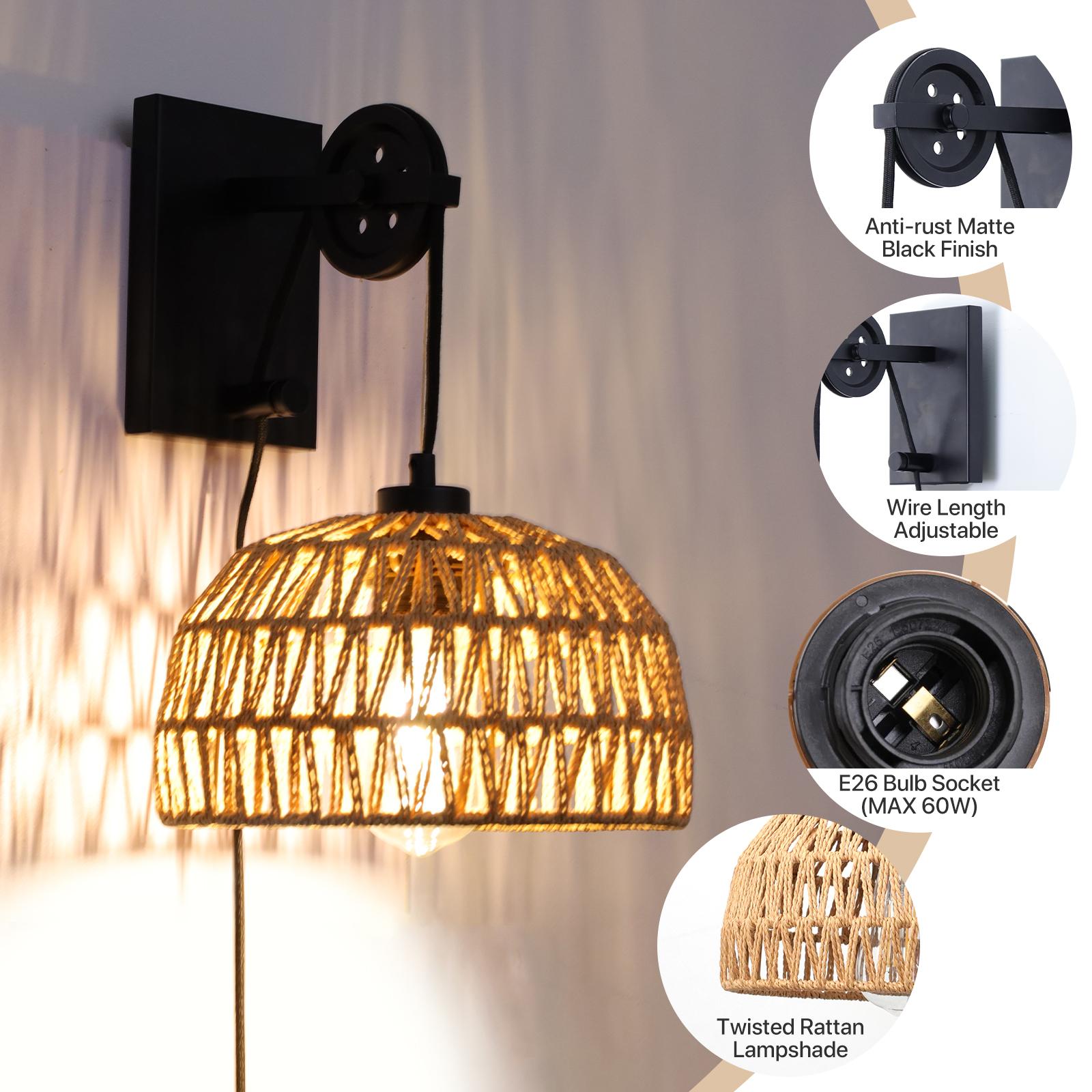 GLITGATE Boho Plug-in Wall Sconce without Bulbs for Livingroom,Hand-woven Rattan Wall Lamp With Adjustable Height,Wall Mounted Night Light,Bedside Wall Lamps for All E26 Bulbs for Bedroom,Living Room Decor (Bulbs Not Included) GLITGATE Boho Plug-in Wall Sconce without Bulbs for Livingroom,Hand-woven Rattan Wall Lamp With Adjustable Height,Wall Mounted Night Light,Bedside Wall Lamps for All E26 Bulbs for Bedroom,Living Room Decor (Bulbs Not Included)