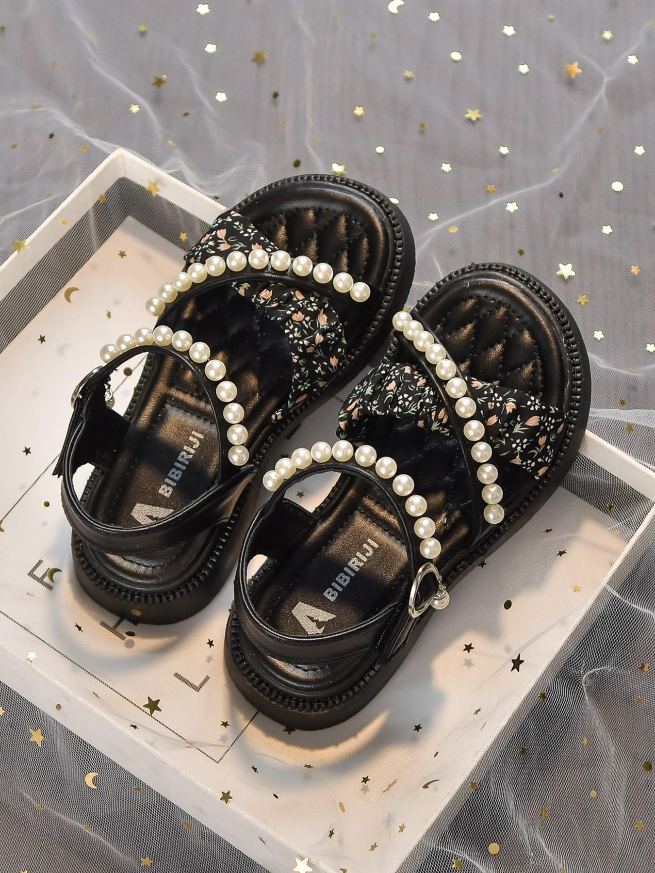 Girls' Pearl Open-Toe Sandals, Elegant Floral Design, Breathable Soft Sole, Magic Tape Closure, Comfortable PU Leather, Ages 3-12