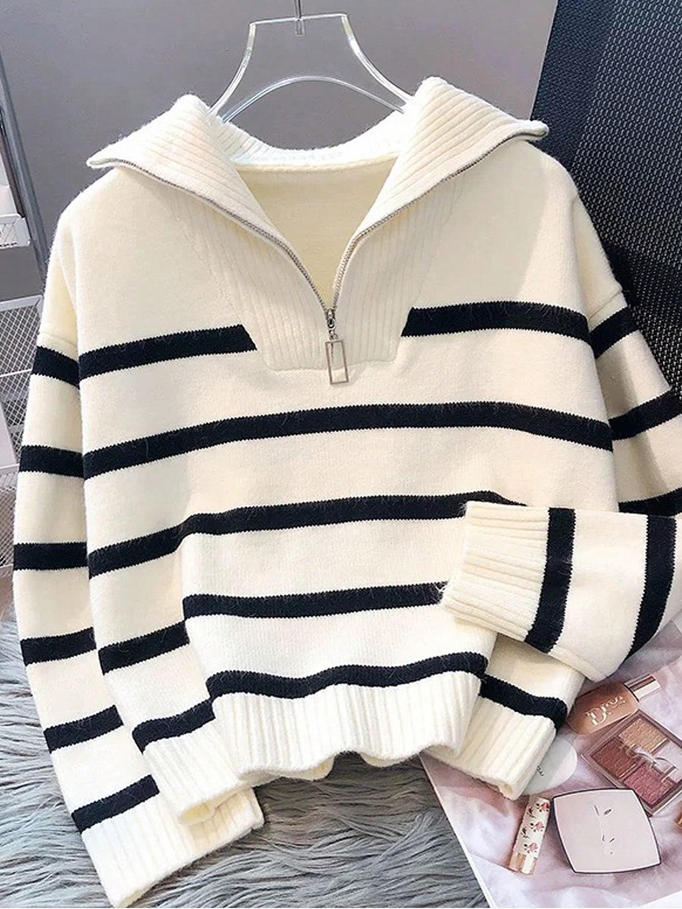 Women's Striped Print Zipper Drop Shoulder Sweater, Casual Long Sleeve Collared Jumper for Daily Outdoor Wear, Women Knitwear Top for Fall & Winter, National Day Clothing