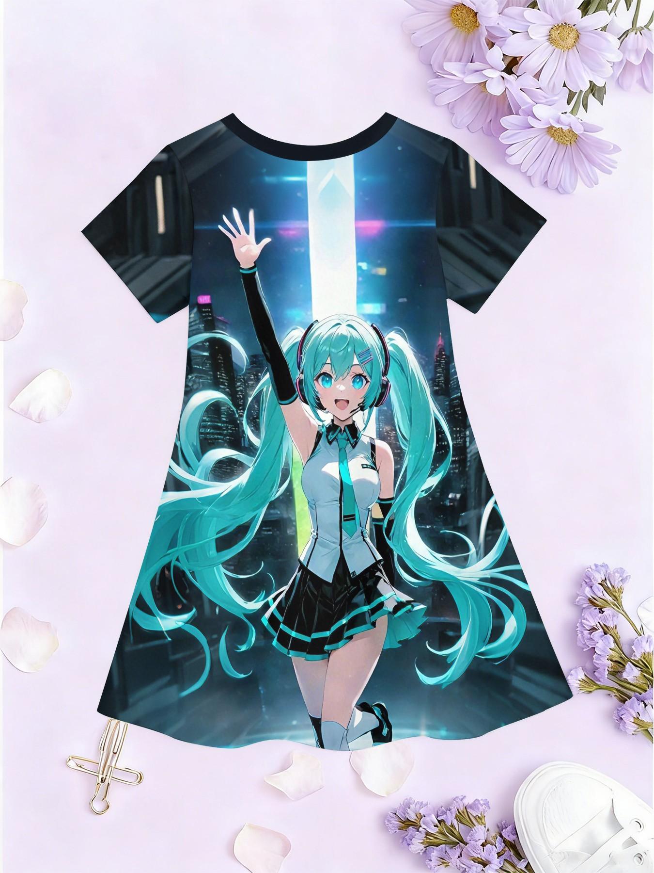 Trendy Girls' Anime Print A-Line Dress, Cute Short Sleeve, Fashionable Outdoor Wear, Perfect Birthday & Holiday Gift