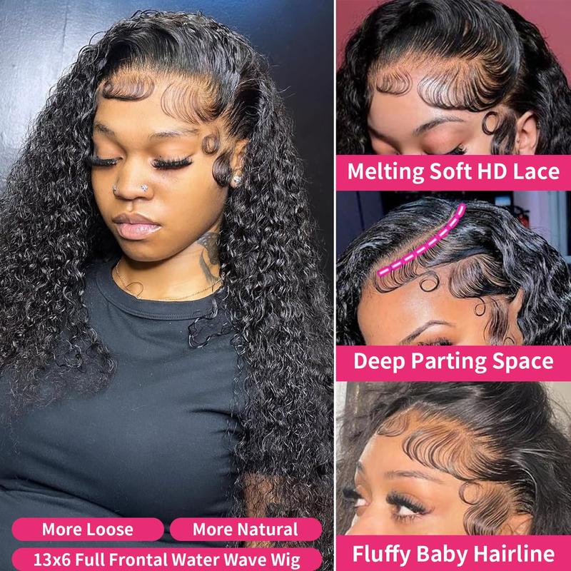 [30 inch hot] Water Wave 13x6 Lace Front Wigs Human Hair 180 Density 13x6 HD Full Lace Frontal Wigs Pre Plucked Wet and Wavy Glueless Deep Curly Human Hair Wigs for Women Natural Black TikTokShopBlackFriday