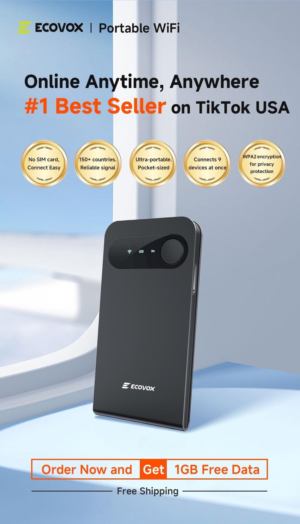 ECOVOX 4G LTE WiFi Mobile Hotspot 2026, No SIM Card Required No Contract, 9 Connected Devices, Multiple Networks, Portable Internet for Campers, Motorhomes and Travels, Free 1GB Local Data