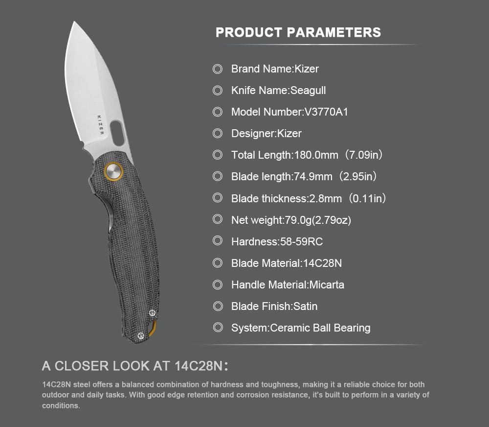 Kizer Seagull 14C28N Micarta V3770A1 automatic knife Blade edc  men