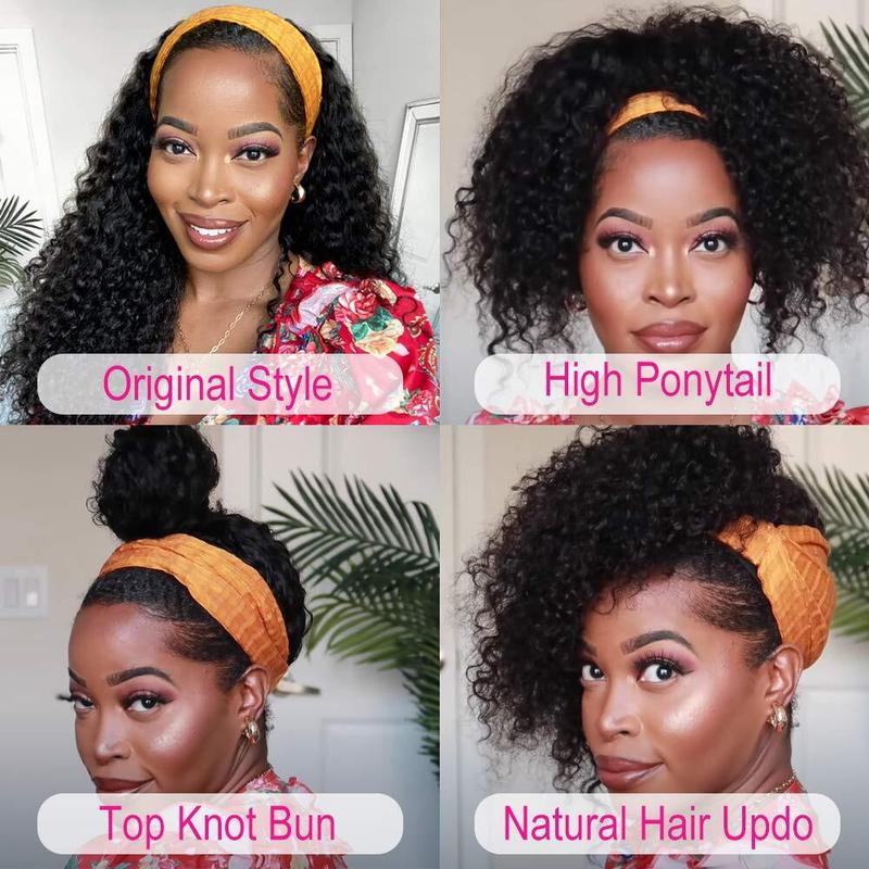 Bling Hair Headband Wig Human Hair Deep Wave Kinky Curly None Lace Front Wig Human Hair Machine Made Wigs 180% Density Headband Curly Human Hair Wigs for Women Natural Color TikTokShopBlackFriday