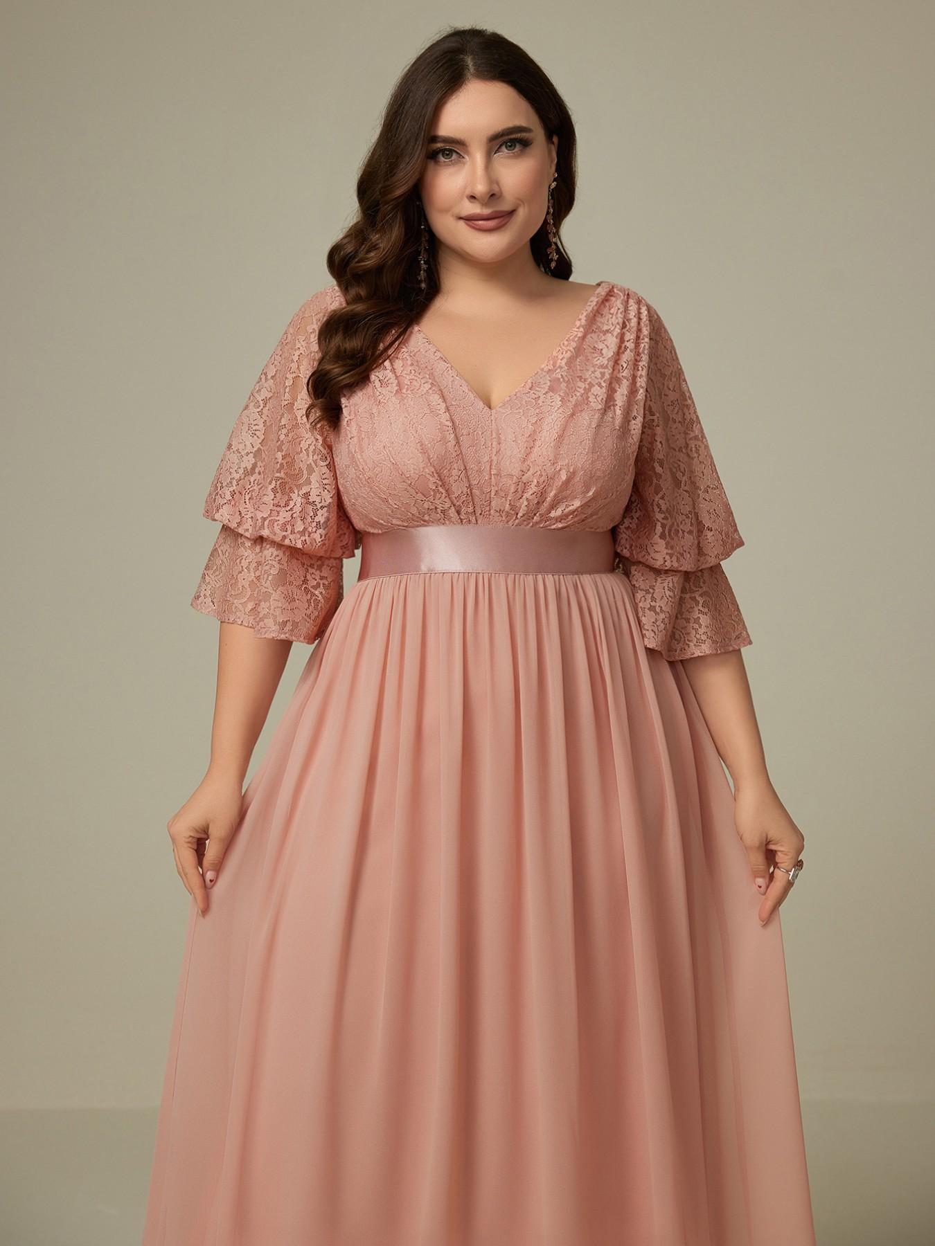 plus size flowy bridesmaid dresses Elegant V-Neck Lace Splicing Chiffon Waist Cinching A-Line Long Dress, Formal Party Gown Elegance Size boho