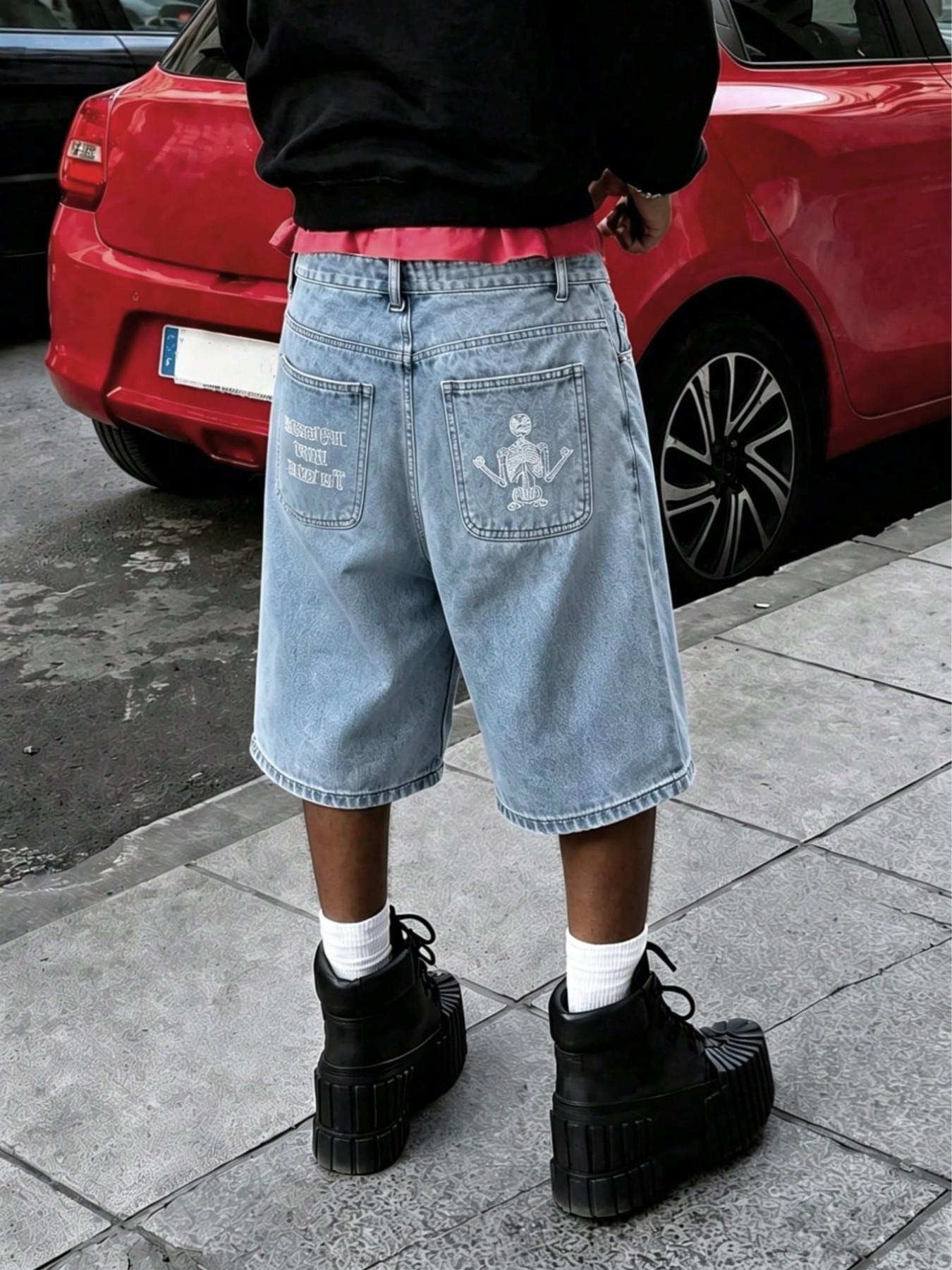 Men's Loose Fit Denim Shorts with Letter Embroidery, Y2K