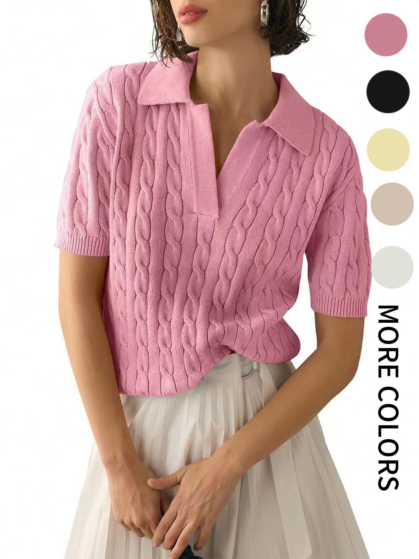 Women's Plain Cable Knit Sweater Pullover, Casual Short Sleeve Collared Jumper for Spring, Fashion Women's Knitwear for Daily Wear