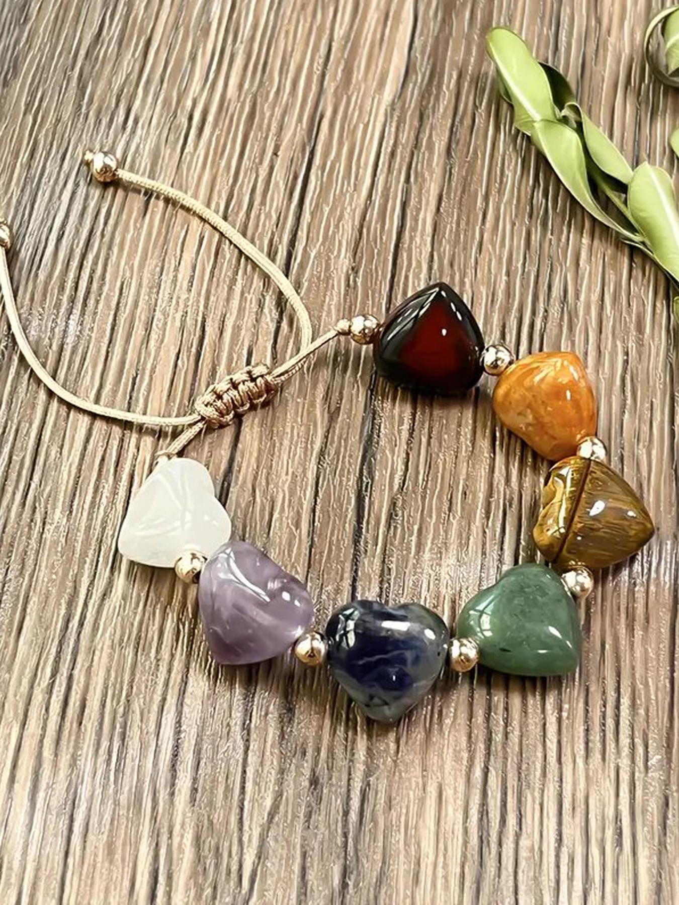 Bohemian Casual Seven-Color Heart Stone Beaded Adjustable Bracelet, Vintage Unisex Yoga Bracelet for Daily Wear