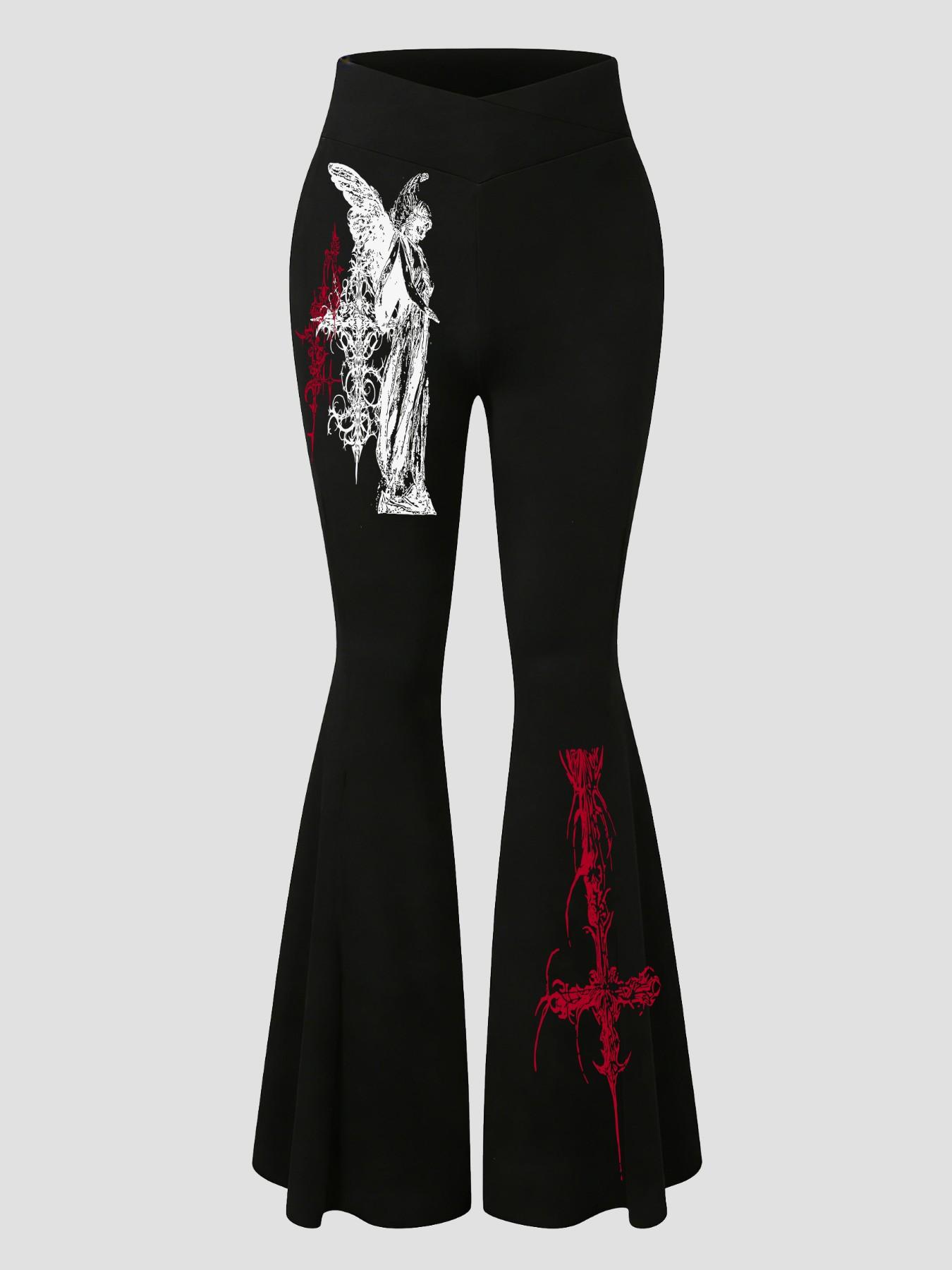 Women's leggings, crossover waistband, flared pants, Casual Slim Fitting, Gothic Fallen Angel pattern, comfortable fit, suitable for all seasons, stylish women's everyday bottoms, versatile and easy to match.