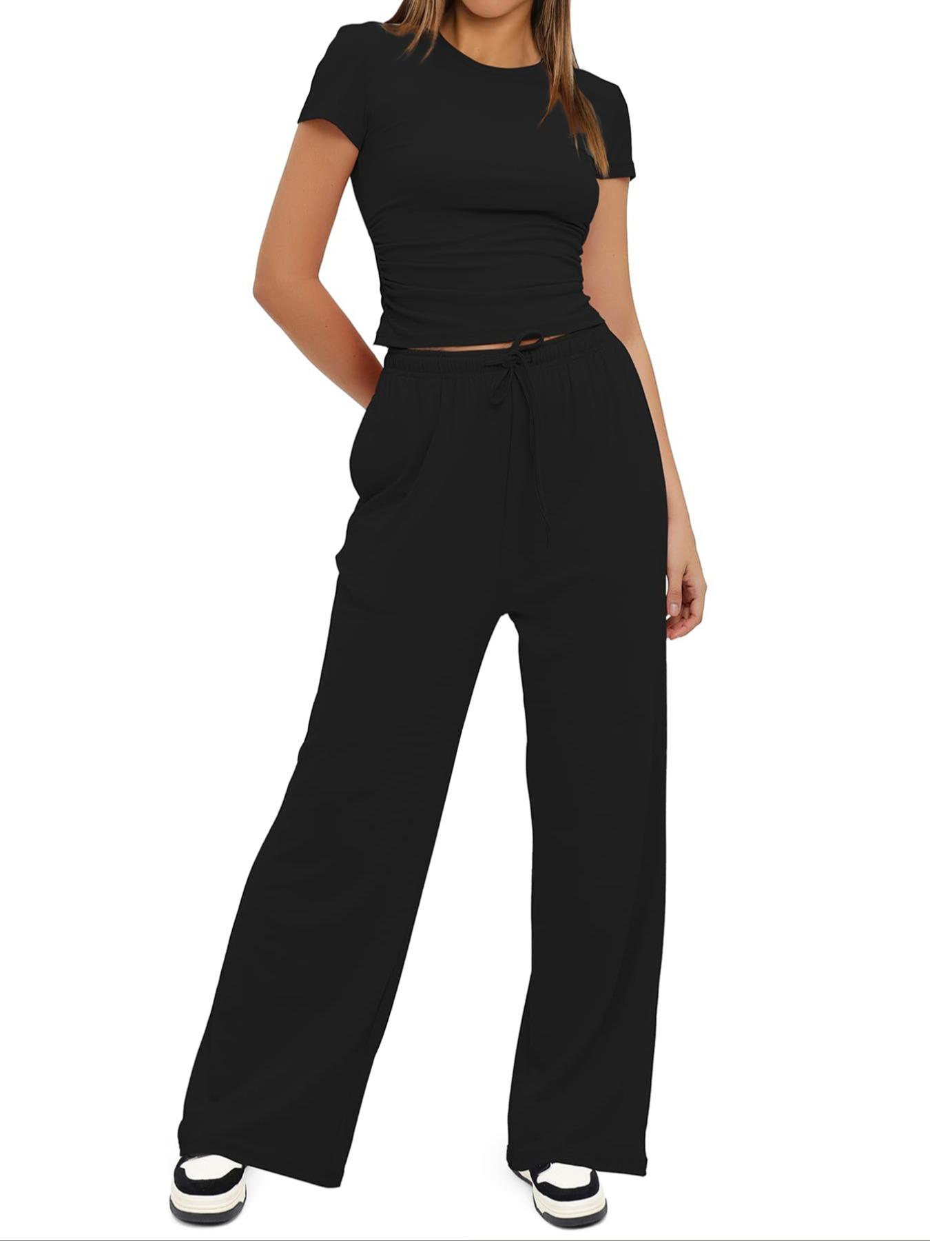 Summer 2 Piece Set for Women, Ruched Short Sleeve Tops, Wide Leg Pants with Pockets, Drawstring, Adjustable, Casual Tracksuit, Ladies Loungewear, Clothes