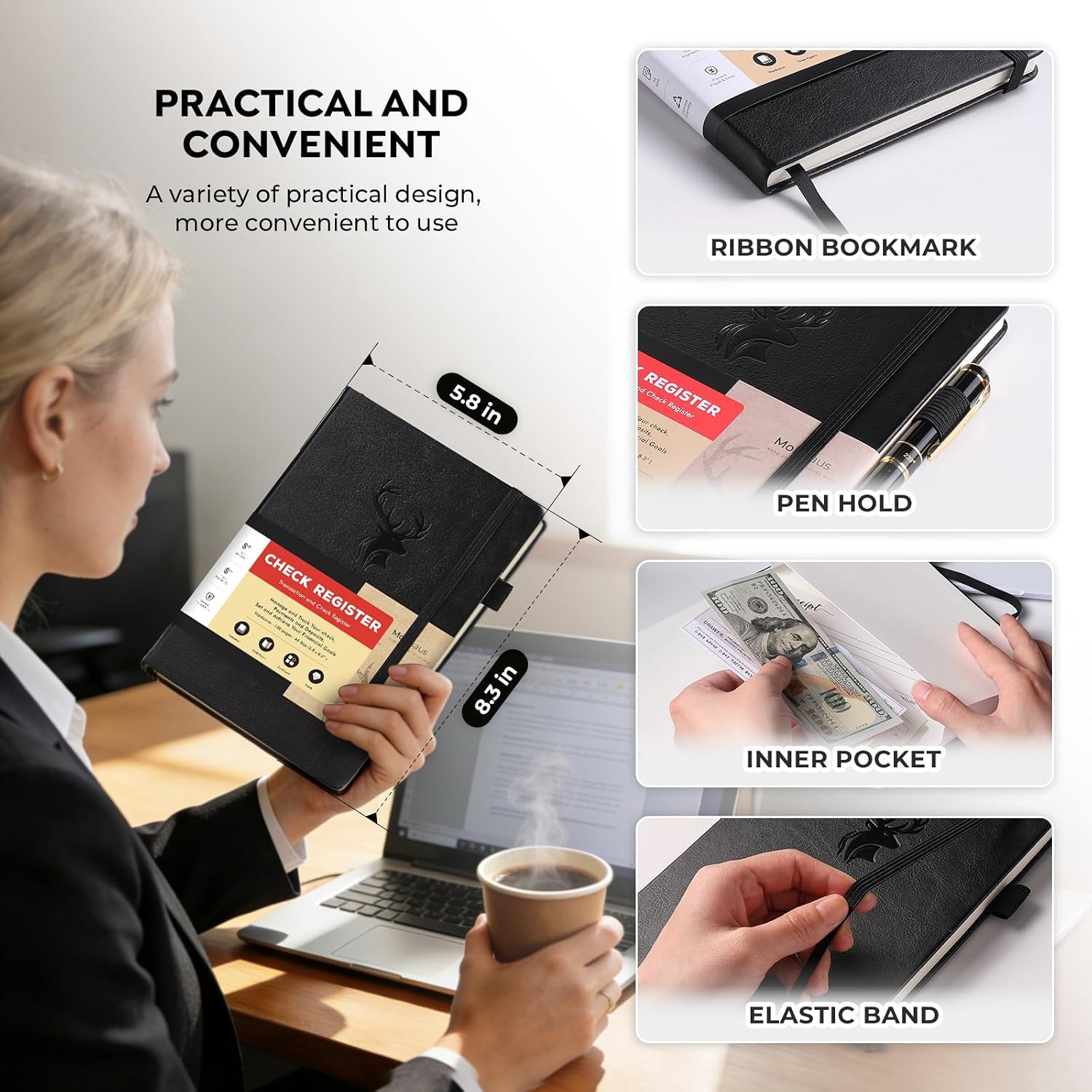Check Registers for Personal Checkbook A5, 5.8" x 8.3" | Register for Personal or Business, Hardcover Registers Log to Track Payments, Deposits & Finances Transaction Black
