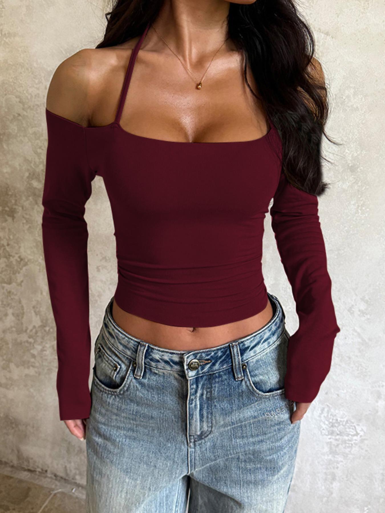Women's One Shoulder Long Sleeve Top, Casual American Style Basic Shirt, Plain Design, Perfect for Daily Wear & Layering