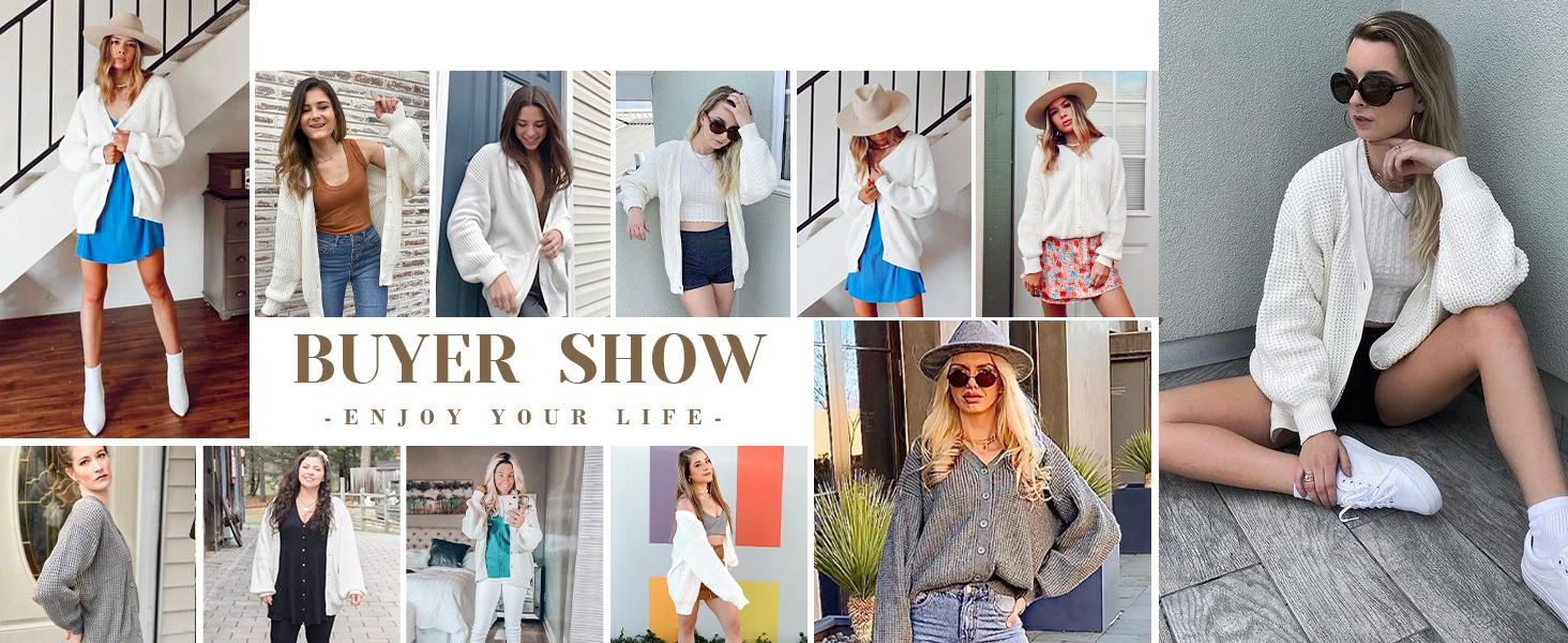 QUALFORT Women's Spring Cardigan Sweater 100% Cotton Button-Down Long Sleeve Oversized Knit Cardigans