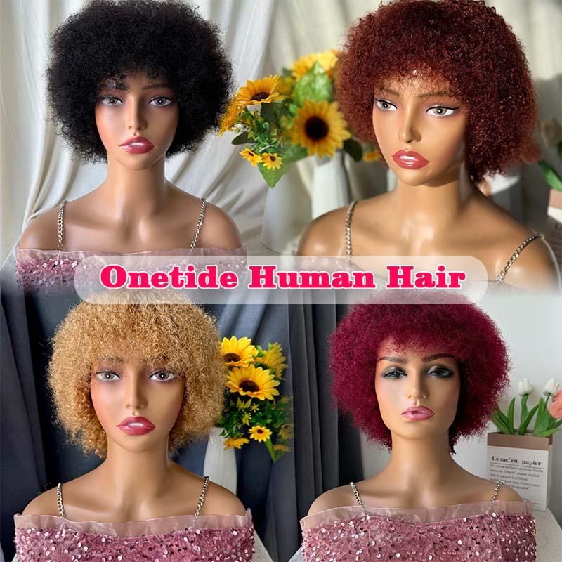 Glueless Wigs Human Hair Afro Kinky Curly Natural Color Wig For Women  Human Hair Soft and Fluffy Glueless Wigs 80s Kinky Curly Wig Cosplay or Daily Use Wigs 180% Density Pixie Curl Afro Wig Onetide Hair