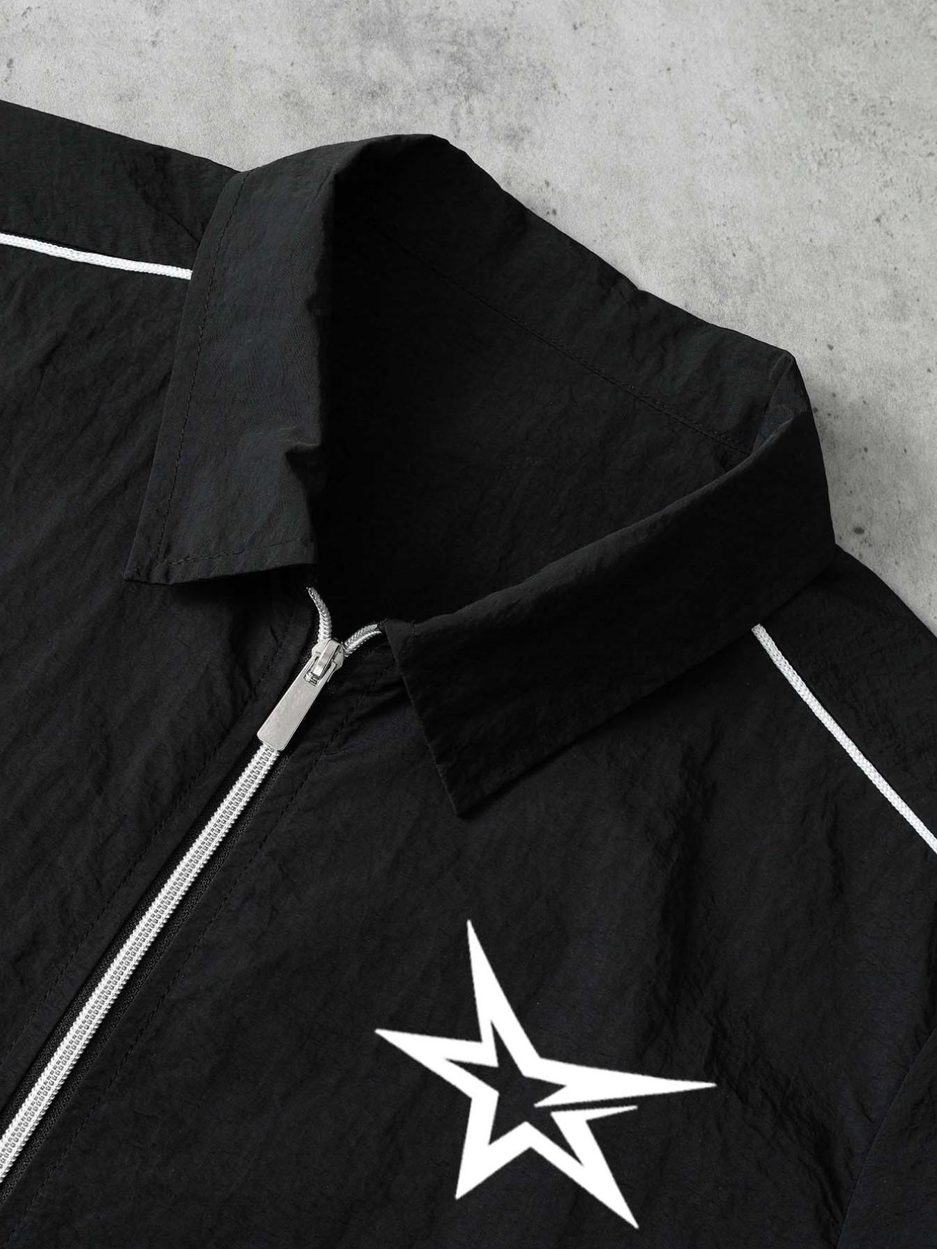 Stars Pattern Casual Set Short Sleeve Zipper Shirt + Gym Shorts Two-Piece Set, Breathable Comfort Spring Summer Daily Wear Stars Pattern Casual Set Short Sleeve Zipper Shirt + Gym Shorts Two-Piece Set, Breathable Comfort Spring Summer Daily Wear