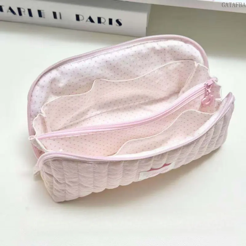 Korean Triangle Cream Polka Dot Shell Pencil Case, Ins Pink Blue Aesthetic Large Capacity Multi-layer Storage Pouch for School Students