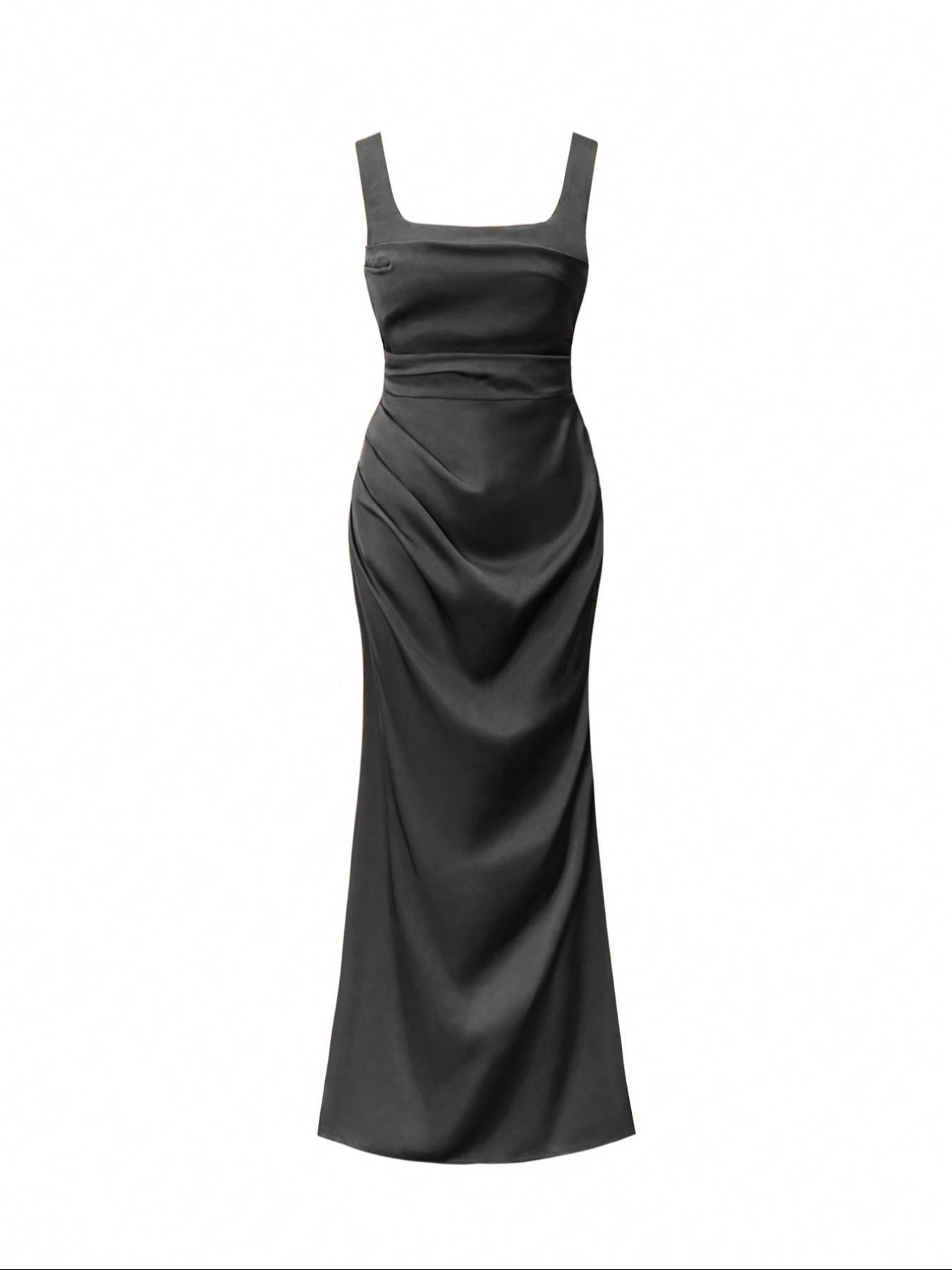 Pure Color Satin Adjustable Square Neck Sleeveless Dress, Elegant Evening Gown with Waist Cinching and Back Tie, Slim-Fitting Long Dress