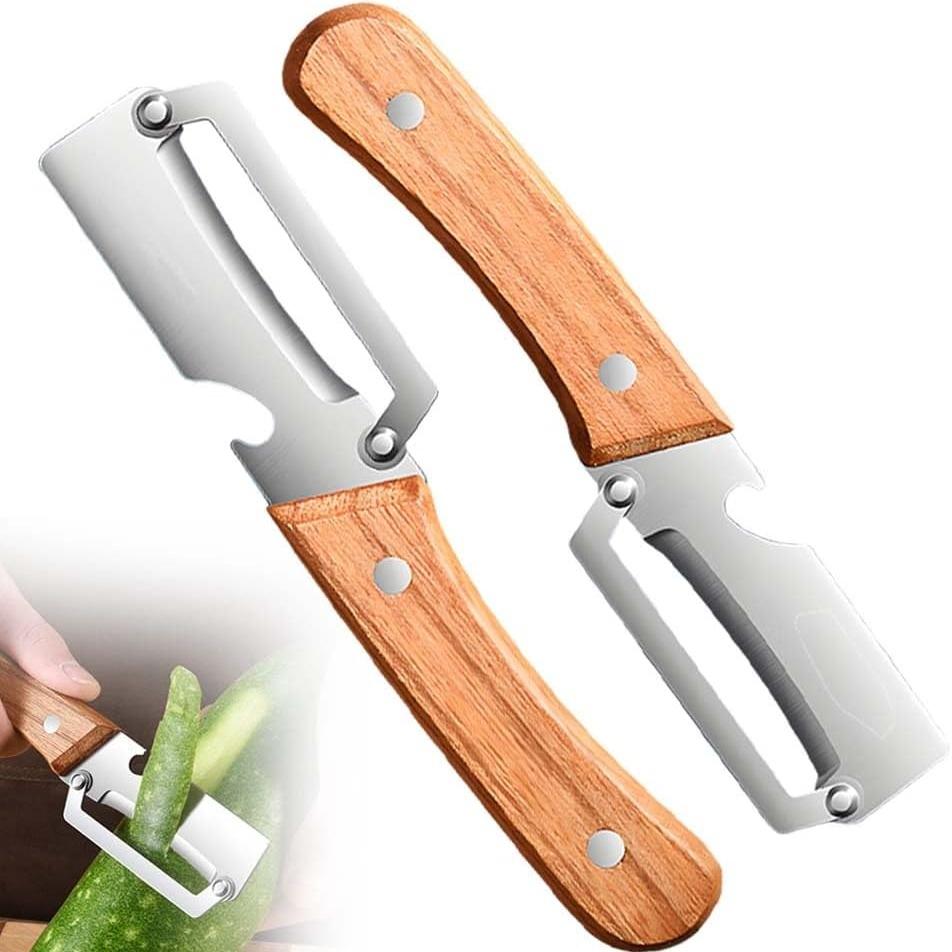 1/2PCS Premium Vegetable Peeler with Wooden Handle and Bottle Opener Stainless Steel Blade Kitchen Tool for Fruit Apple Potato Pumpkin Papaya Zucchini
