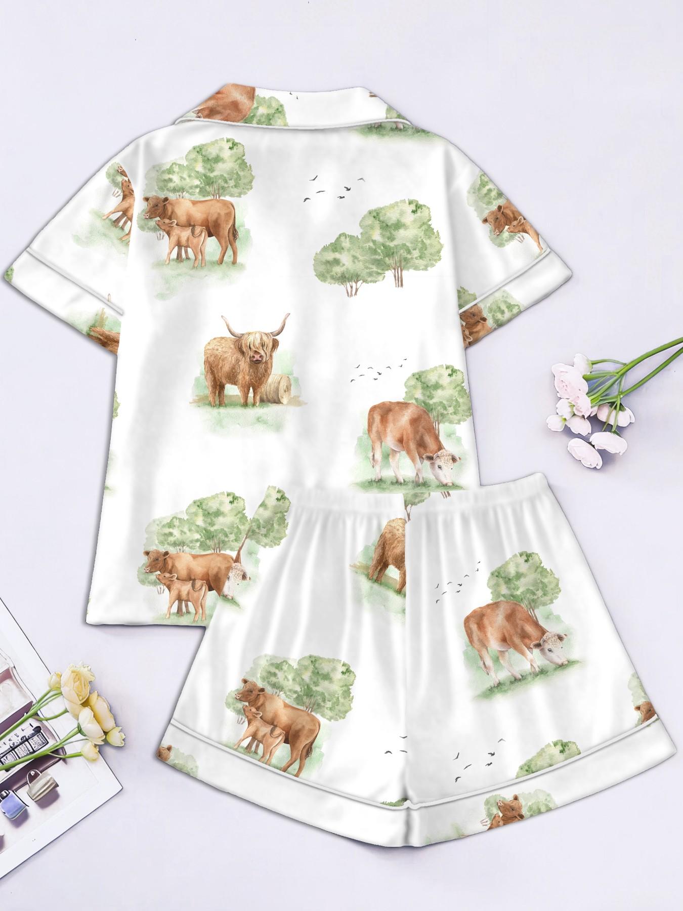 Women's Short Sleeve Button Down Top and Shorts Pajama Set, Spring Summer Wear, For Country Style Lovers, White Base Vintage Farm Print, Classic Lapel Collar, Loose Fit, Comfortable For Home & Gatherings
