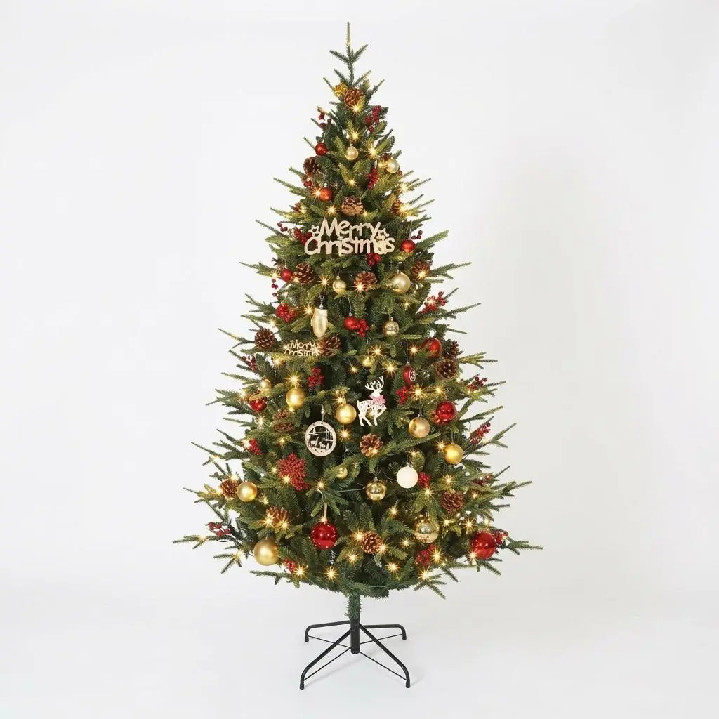 Garvee 6.5ft Artificial Christmas Tree - Pre-Decorated with Pine Cones & Red Berries, Metal Stand Included - Holiday Home, Office & Shop Décor