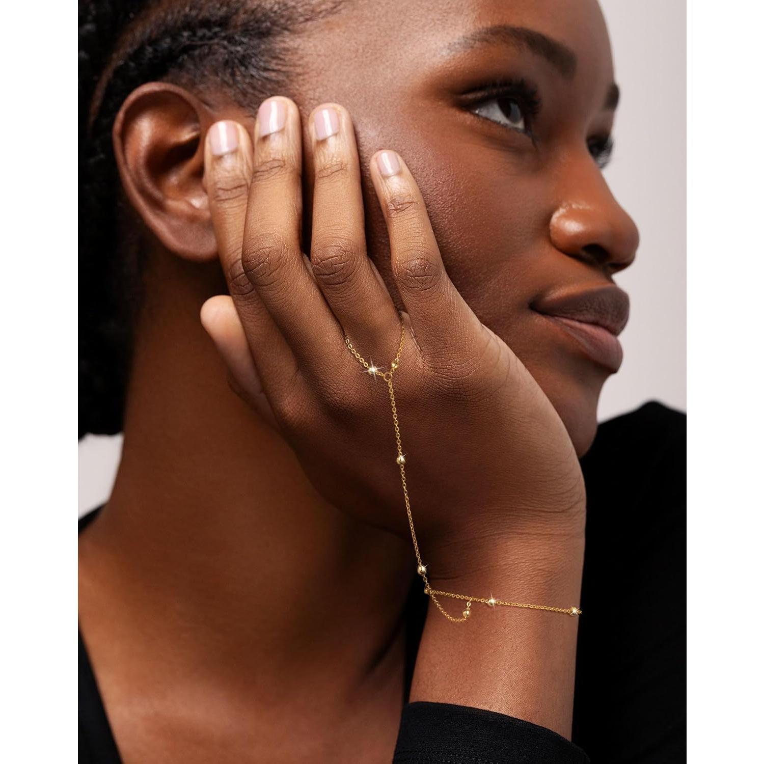 Tewiky Dainty Ring Hand Chain Bracelet Trendy Bead Satellite Cross CZ Hand Link Chain Bracelets For Women Simple Jewelry Gift For Fashion