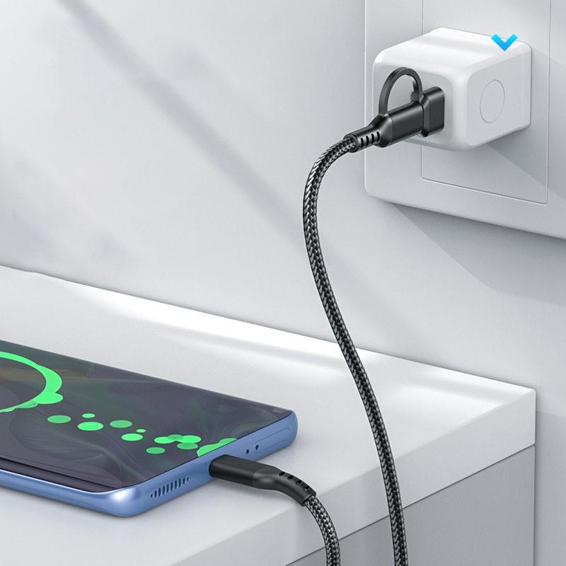 Multi-functional 2-in-1 fast charging data cable, 2M long, made with high-density nylon braided cable body and metal casing design, compatible with USB-C, Type-C-C, iPhone/15/16/Samsung/Galaxy/tablets/laptops, allowing fast charging for multiple devices,