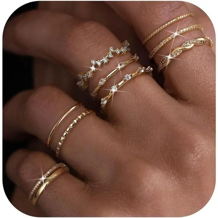 CASSIECA 9pcs Stacks Rings Gold Silver Waterproof Adjustable Statement Rings for Women Stackable Thumb Finger Engagement Promise Ring Set Jewelry, Stacking Ring Set, Metal Coating Promiserings Sohochic