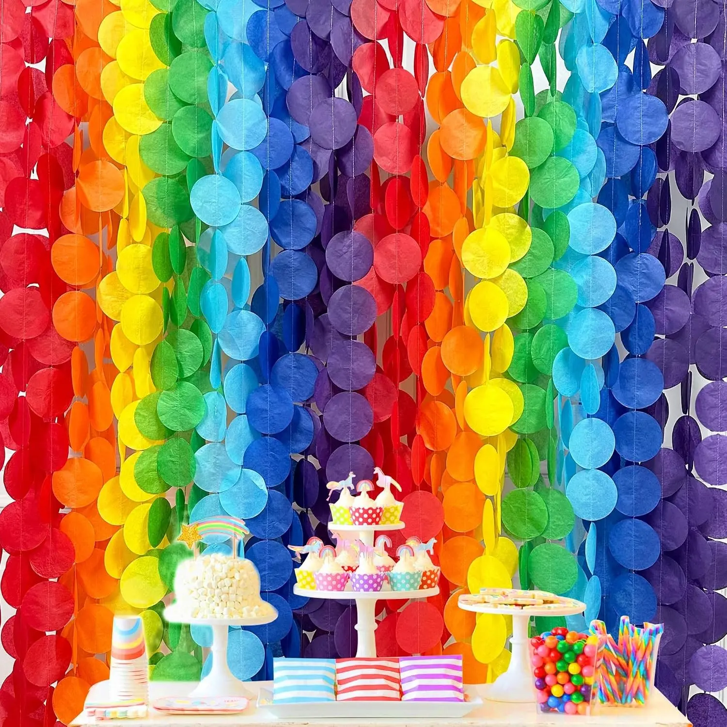 205Ft Rainbow Party Decorations Big Polka Dots Tissue Paper Backdrop Streamer Colorful Circle Dots Hanging Curtain Garland for Birthday Fiesta Carnival Wedding Engagement Pride Party Supplies