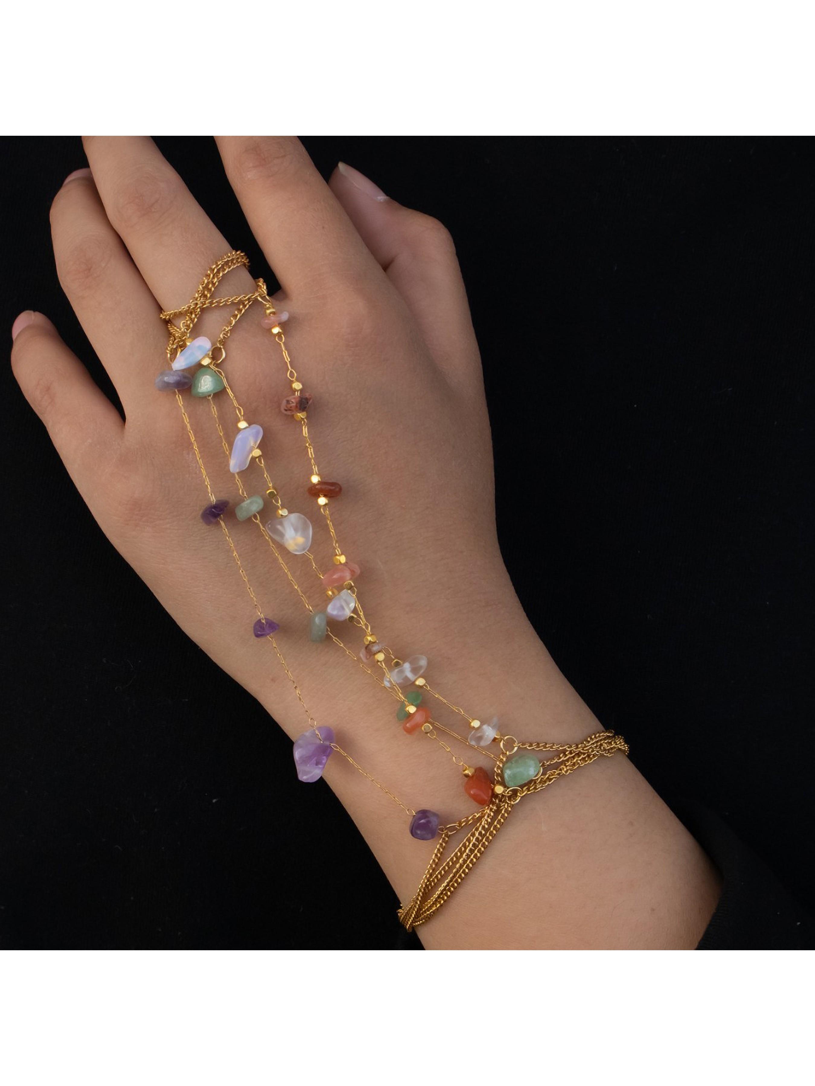 Natural Gemstone Back Bracelet Necklace, 14k Gold Plated Stainless Steel, Healing Crystal Pendant, Adjustable, Waterproof, Ideal Gift