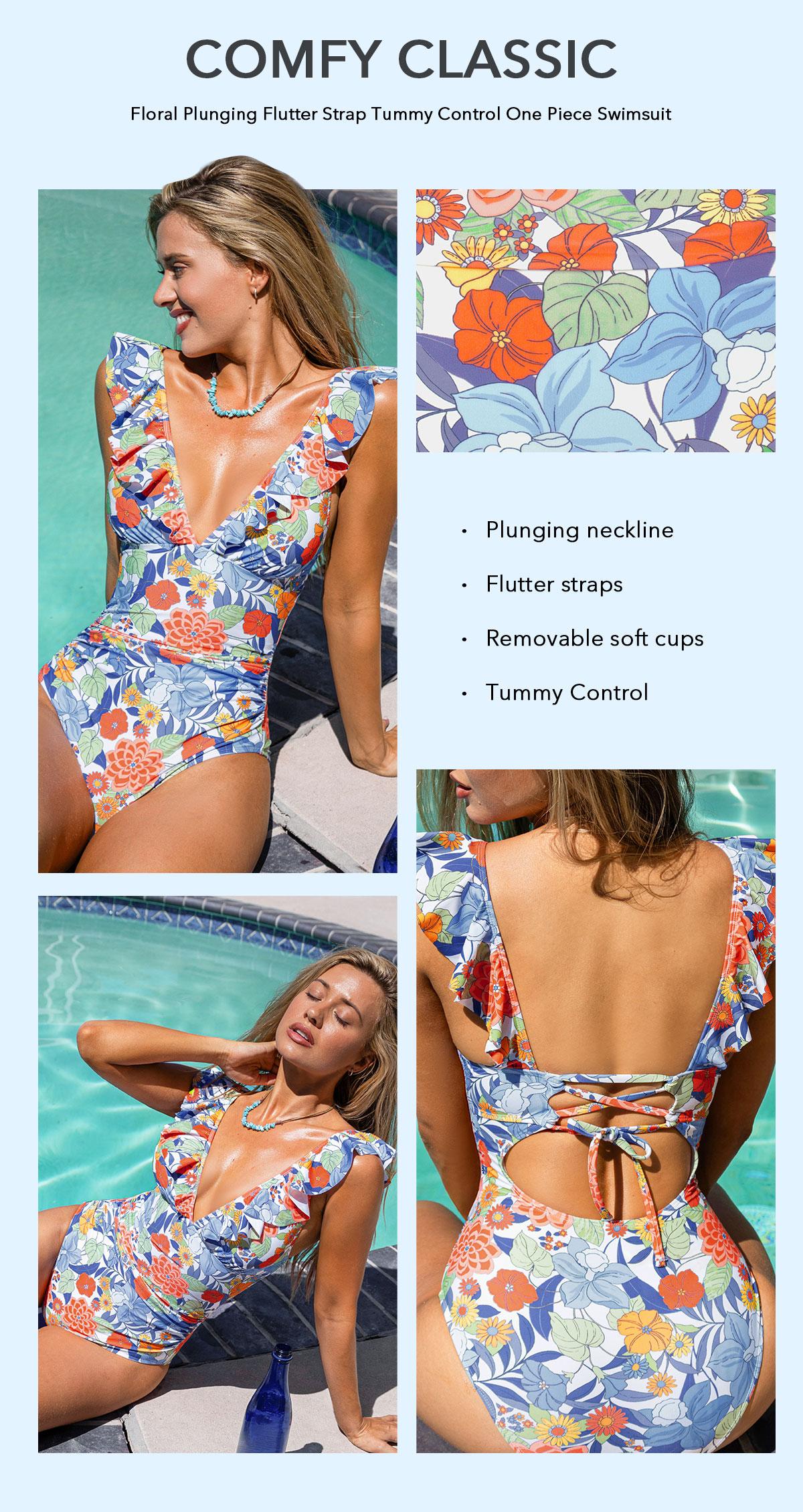 CUPSHE Floral Plunging Flutter Strap Tummy Control One-Piece Swimwear Removable Soft Cups Back Cutout Summer Swimsuit (XS-XXL) Swimming Bathing Suits SpringStatements