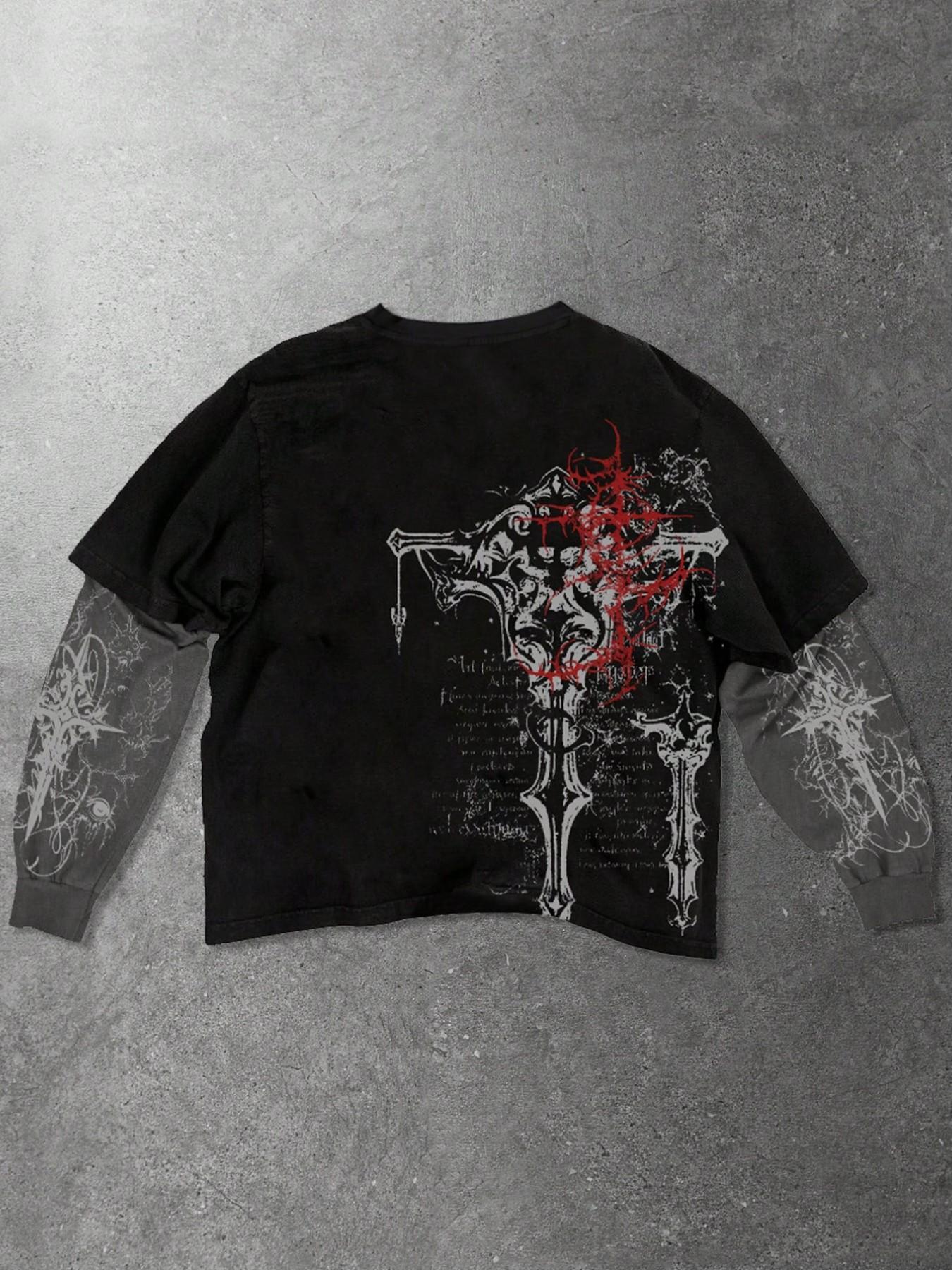 Oversized Gothic Graphic Long Sleeve T-Shirt - False Two-Piece