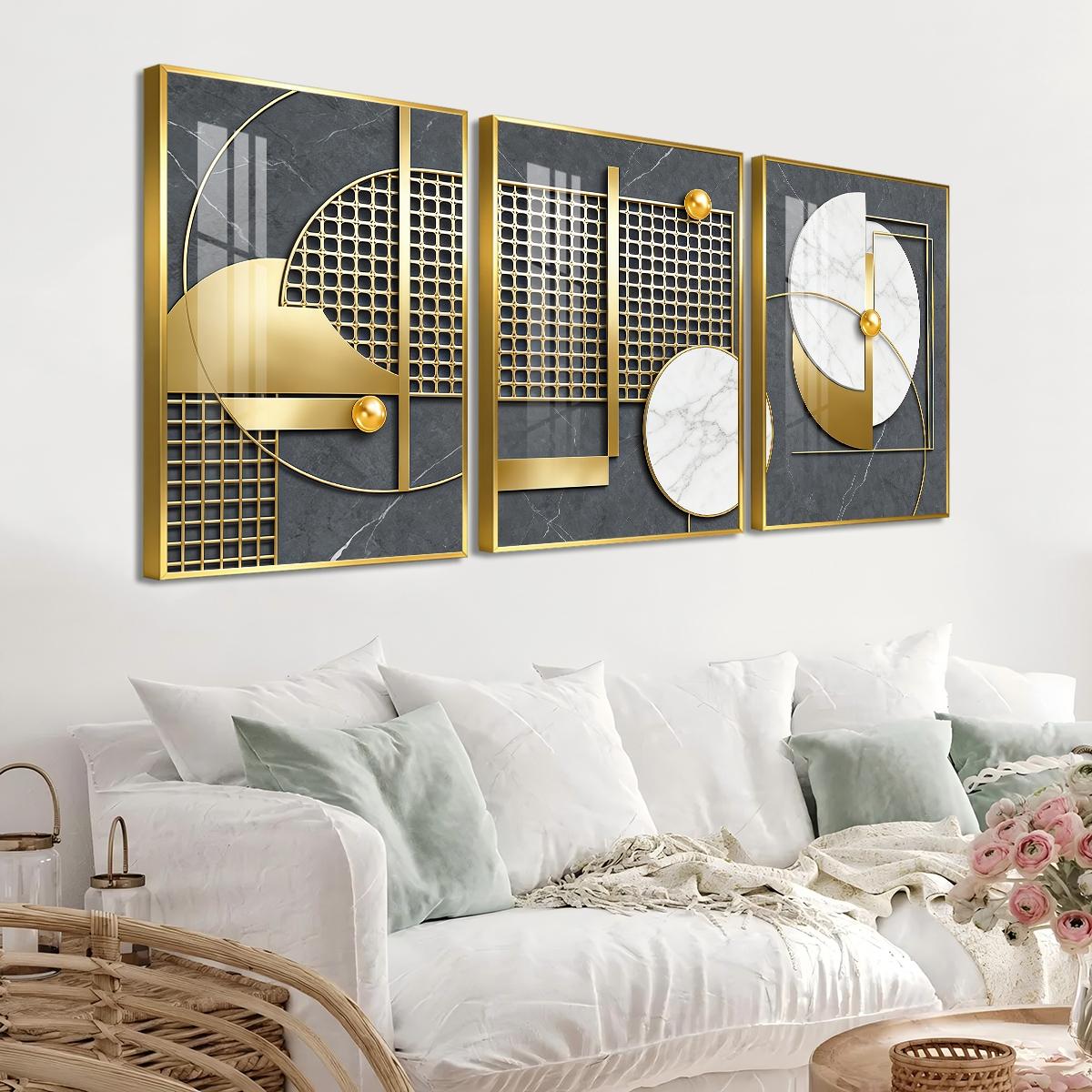 3 Counts Aluminum Alloy Framed Painting, Geometric Gold And Marble Abstract Art, Home Decoration For Living Room, Bedroom, Office, Restaurant, Hallway Wall Decor, Odorless Print Artwork, Luxury Perfect Gift For Friends And Family