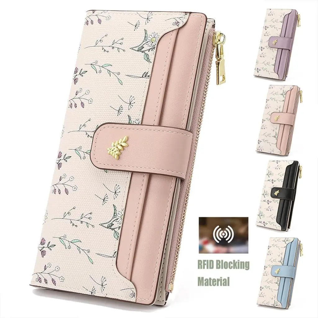 Womens Wallet Slim Thin RFID Blocking Floral Vegan PU Leather Card Holder Bifold Long Ladies Wallet with Zipper Pocket