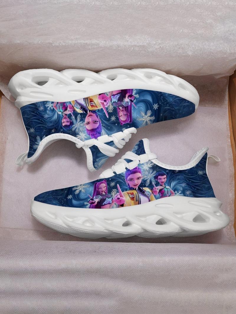 K-Pop Hunter Girl Pattern Kids Shoes, Breathable Mesh Lace-Up Low Top Eva Sole, Durable Fashion Casual Sporty Children Sneakers