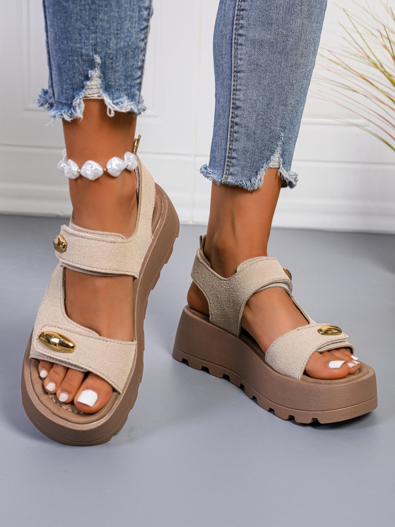 Magic Tape Thick Sole Slippers, 5cm Heel Lift, Breathable Summer Footwear, Plain Design, PU Upper, Rubber Sole, Less Than Ankle Height
