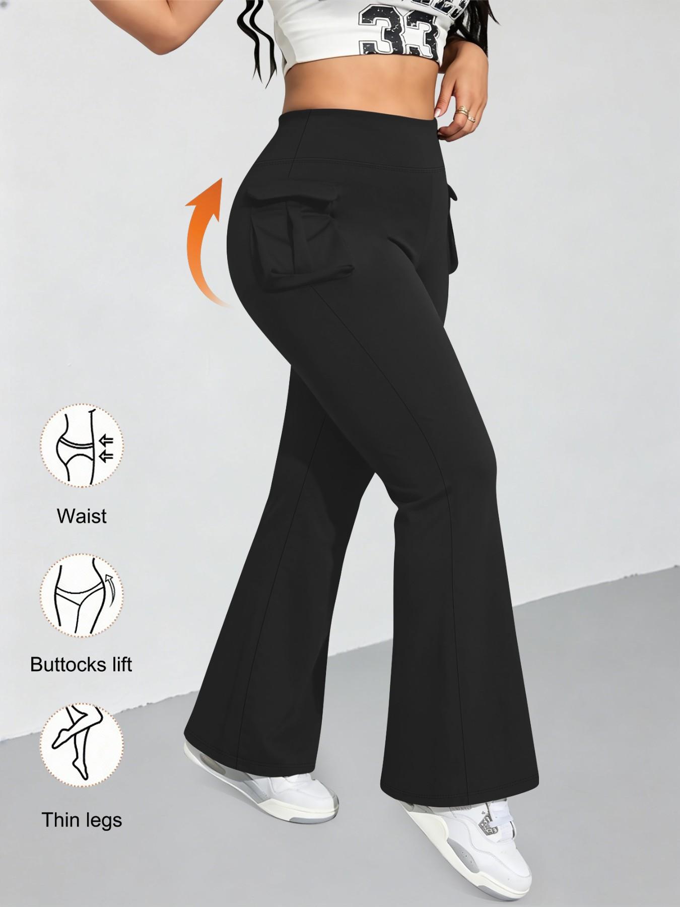 Plus Size High Waist Workwear Pocket Flare Pants, Tummy Control Butt Lift Yoga Pants, Side Pocket Sporty Flare Long Pants, High Elasticity, Active Leggings, Flare Legging